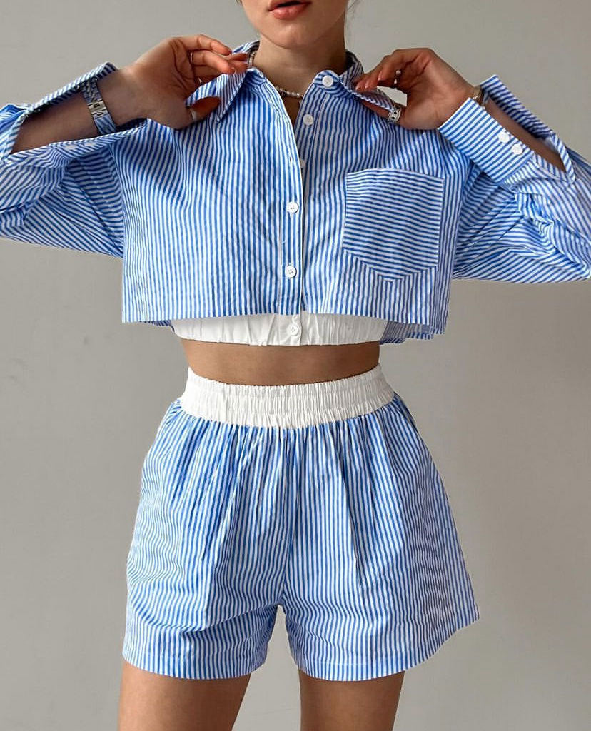 Women's Outfit Cotton Long Sleeve Shirt and Elastic Shorts Set 5