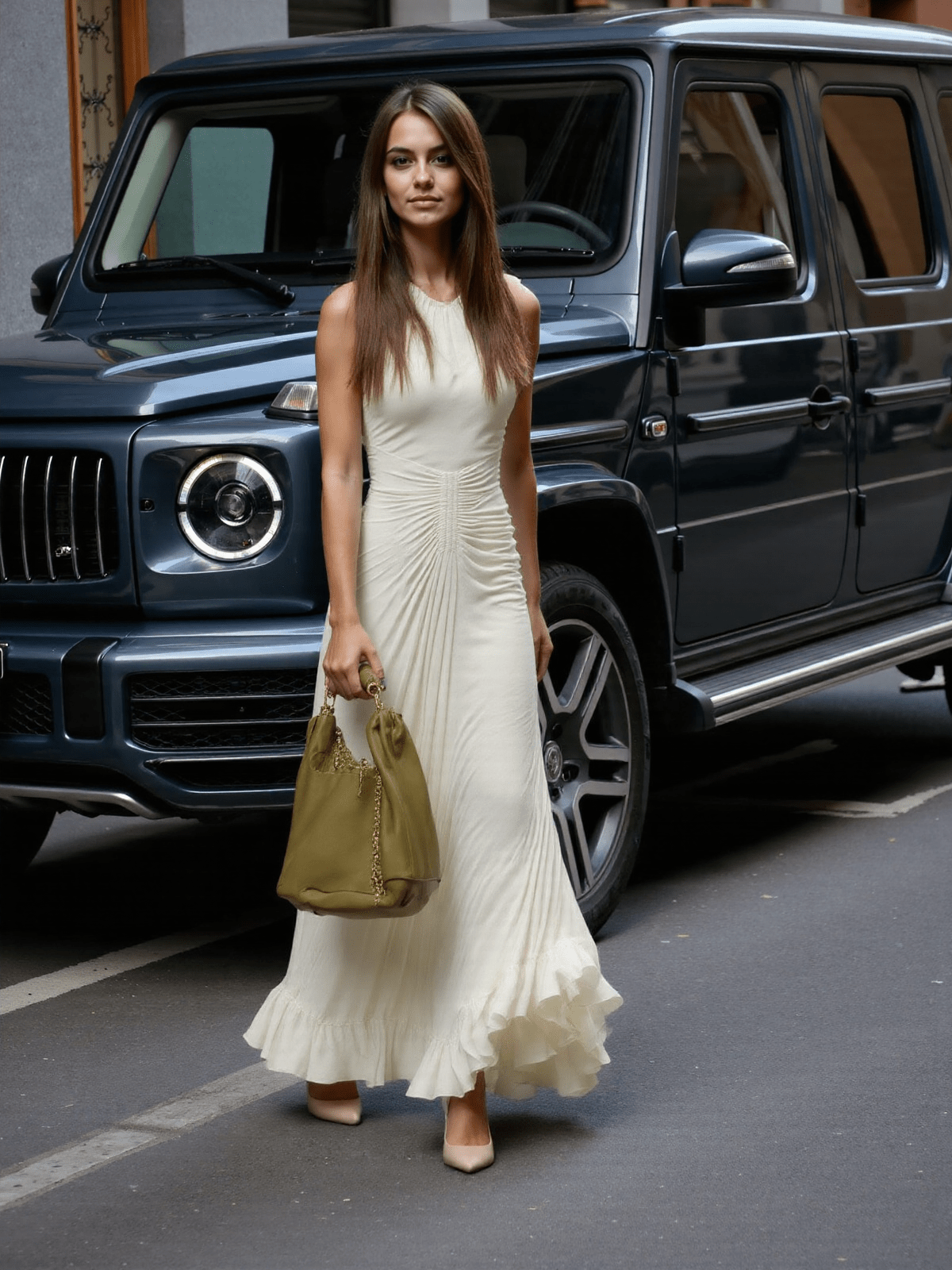 Women's Maxi Dress Cotton with Pleated Straps and Lace 2