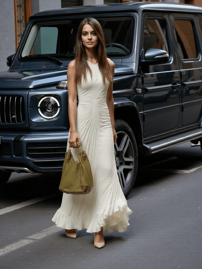 Women's Maxi Dress Cotton with Pleated Straps and Lace 2