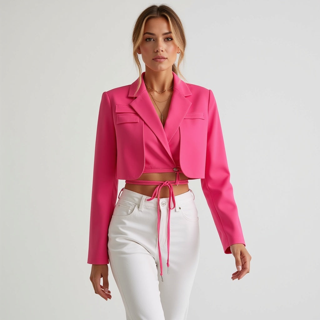 Damen Cropped Blazer – Tailliertes Design, Vielseitig und Elegant für Business & Abendlooks - Chicquemoda Rosa / S Chicquemoda Damenblazer Damen Cropped Blazer – Tailliertes Design, Vielseitig und Elegant für Business & Abendlooks