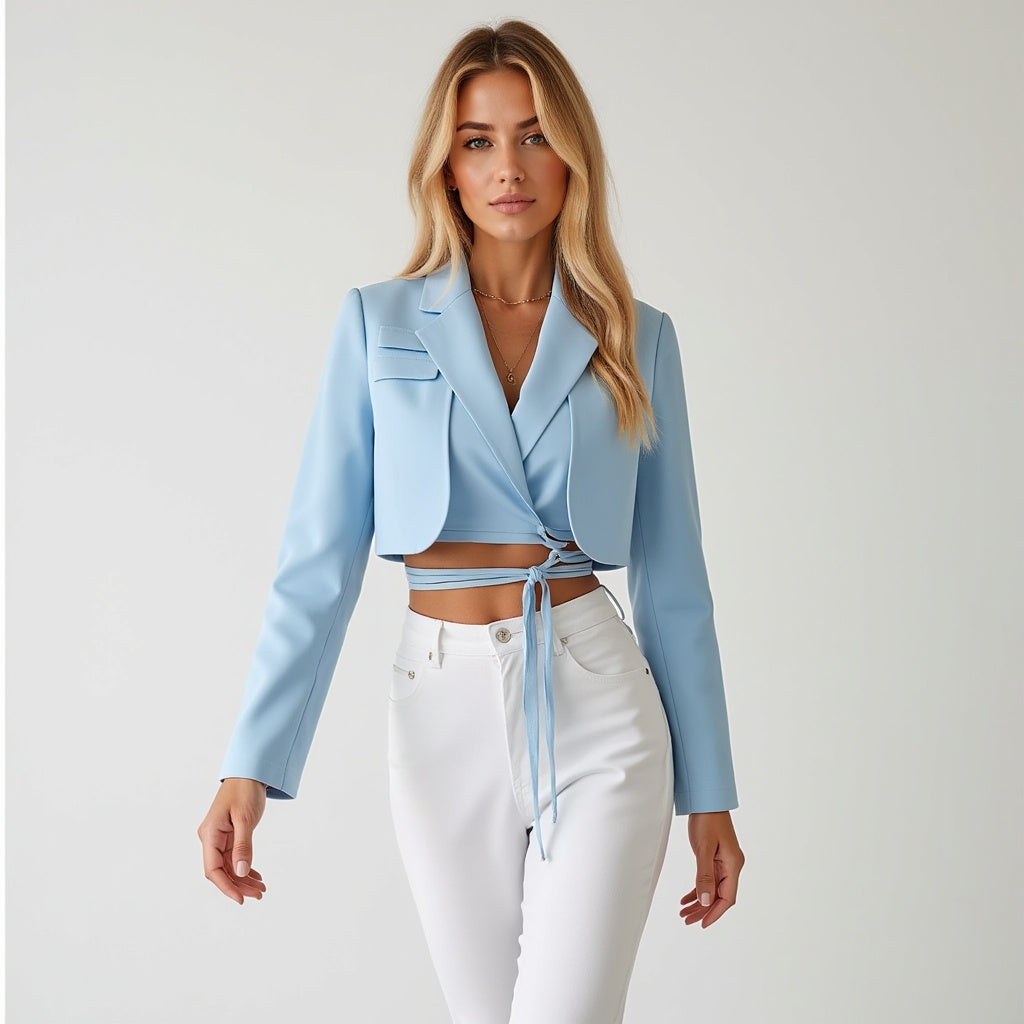 Damen Cropped Blazer – Tailliertes Design, Vielseitig und Elegant für Business & Abendlooks - Chicquemoda Hellblau / S Chicquemoda Damenblazer Damen Cropped Blazer – Tailliertes Design, Vielseitig und Elegant für Business & Abendlooks