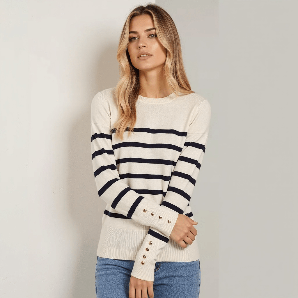Damen Gestreifter Pullover – Weiche Baumwolle, Bequem und Stilvoll © 2025 Chicquemoda-Fotoshoot 