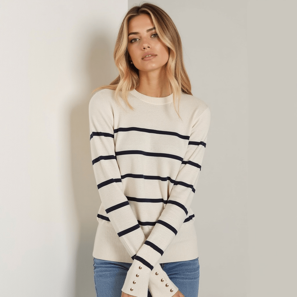 Damen Gestreifter Pullover – Weiche Baumwolle, Bequem und Stilvoll © 2025 Chicquemoda-Fotoshoot  2
