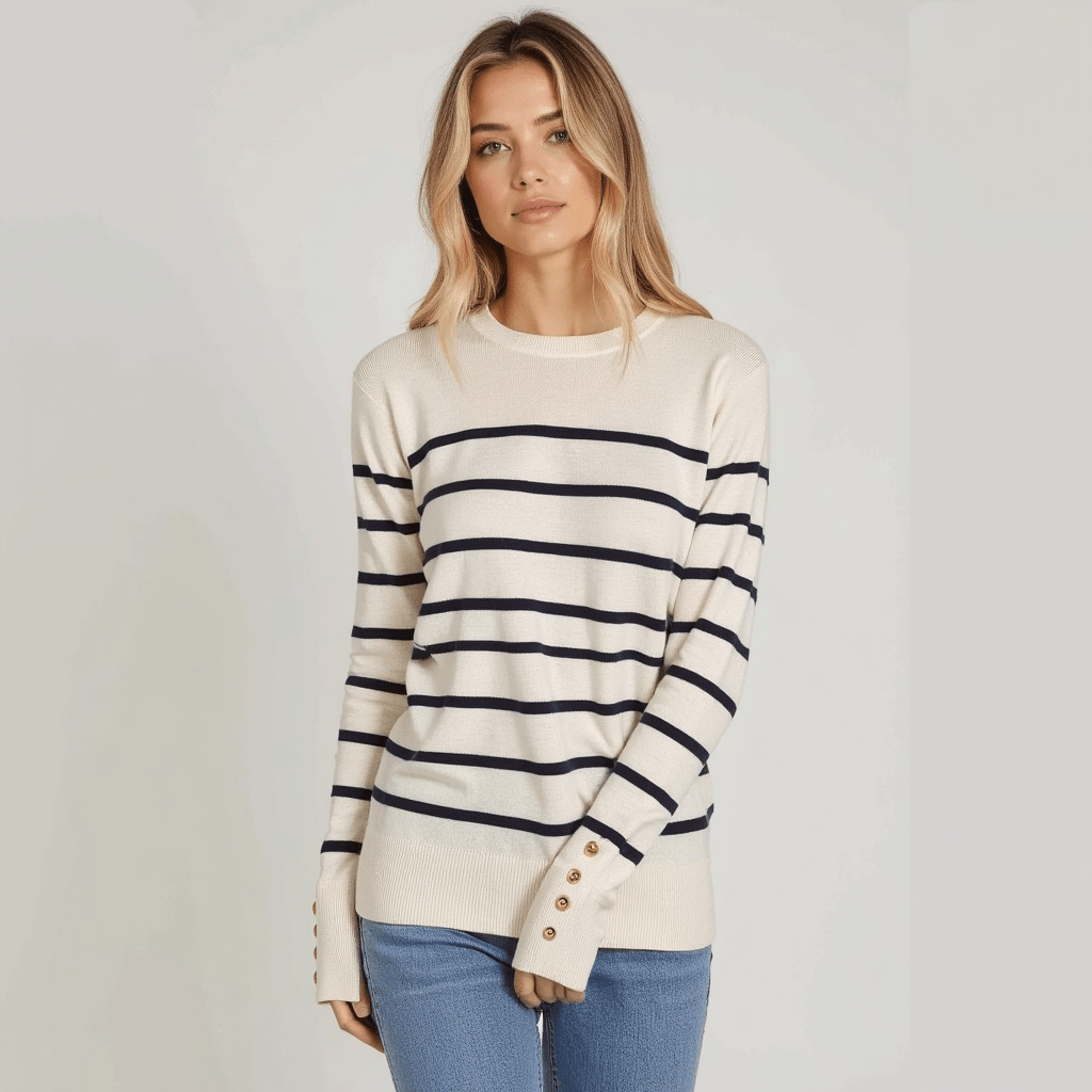 Damen Gestreifter Pullover – Weiche Baumwolle, Bequem und Stilvoll © 2025 Chicquemoda-Fotoshoot  4