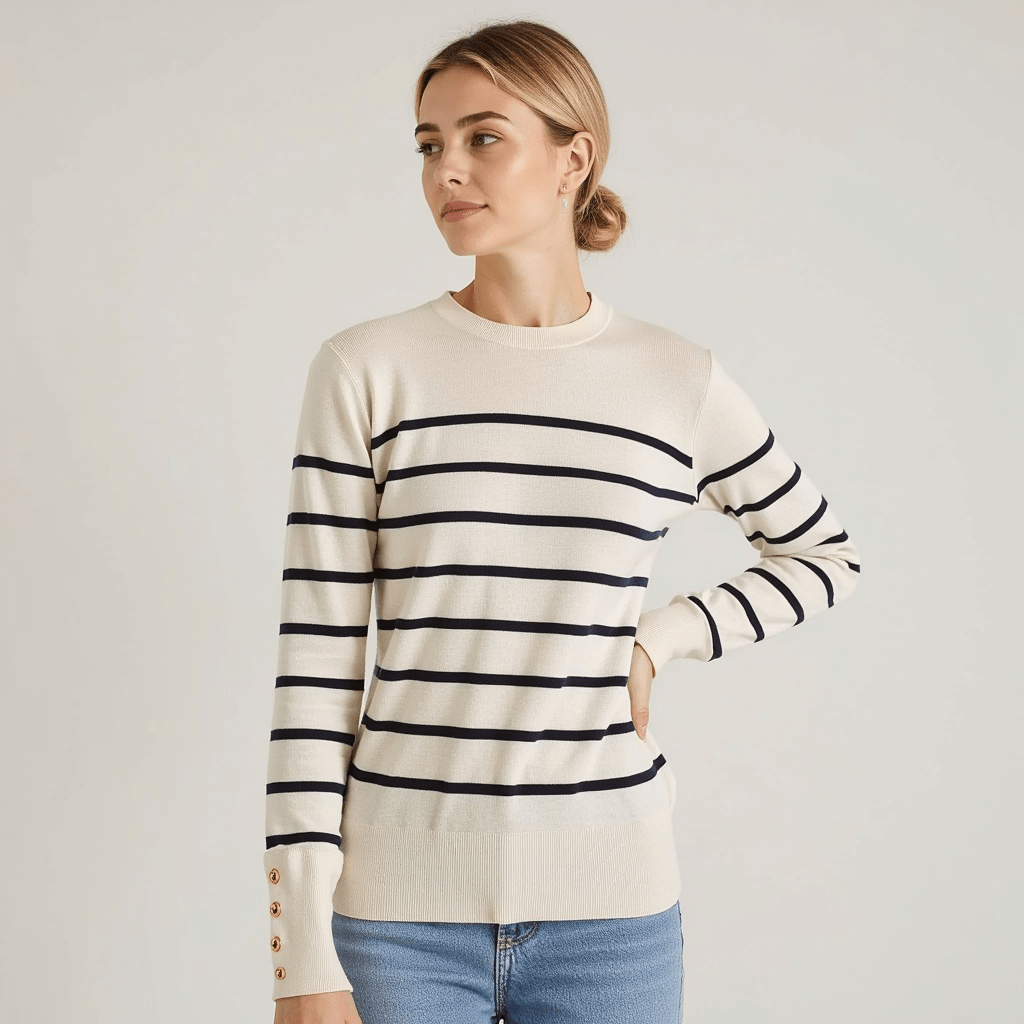 Damen Gestreifter Pullover – Weiche Baumwolle, Bequem und Stilvoll © 2025 Chicquemoda-Fotoshoot  7 