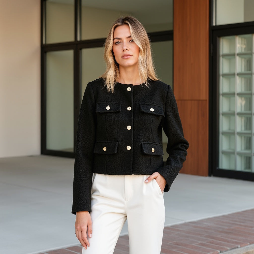 Damen Tweed-Blazer – Goldene Knöpfe, Figurbetont, Elegant - Chicquemoda Schwarz / XS Chicquemoda Damenblazer Damen Tweed-Blazer – Goldene Knöpfe, Figurbetont, Elegant