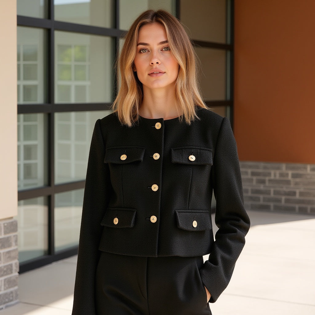 Damen Tweed-Blazer – Goldene Knöpfe, Figurbetont, Elegant - Chicquemoda Schwarz / XS Chicquemoda Damenblazer Damen Tweed-Blazer – Goldene Knöpfe, Figurbetont, Elegant