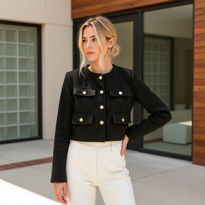 Damen Tweed-Blazer – Goldene Knöpfe, Figurbetont, Elegant - Chicquemoda Schwarz / XS Chicquemoda Damenblazer Damen Tweed-Blazer – Goldene Knöpfe, Figurbetont, Elegant