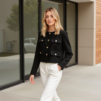 Damen Tweed-Blazer – Goldene Knöpfe, Figurbetont, Elegant - Chicquemoda Schwarz / XS Chicquemoda Damenblazer Damen Tweed-Blazer – Goldene Knöpfe, Figurbetont, Elegant