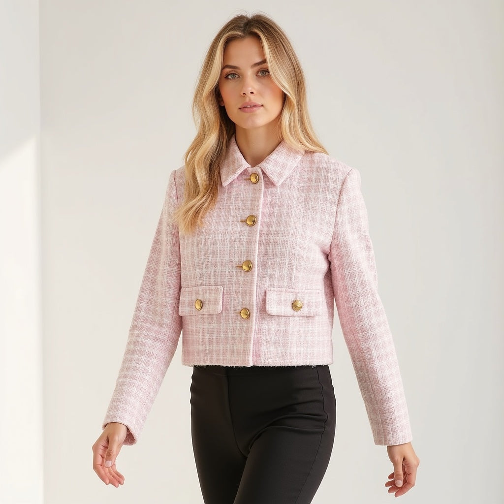 Damen Tweed-Blazer – Polokragen, Figurbetont, Vielseitig - Chicquemoda Rosa / S Chicquemoda Damenblazer Damen Tweed-Blazer – Polokragen, Figurbetont, Vielseitig