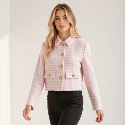 Damen Tweed-Blazer – Polokragen, Figurbetont, Vielseitig - Chicquemoda Rosa / S Chicquemoda Damenblazer Damen Tweed-Blazer – Polokragen, Figurbetont, Vielseitig