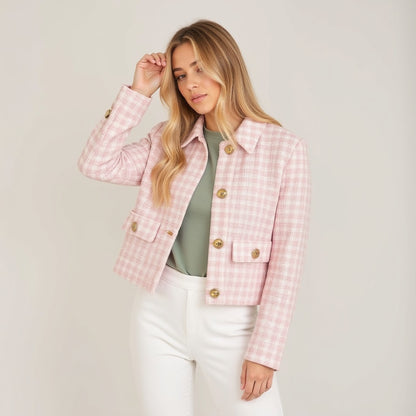 Damen Tweed-Blazer – Polokragen, Figurbetont, Vielseitig - Chicquemoda Rosa / S Chicquemoda Damenblazer Damen Tweed-Blazer – Polokragen, Figurbetont, Vielseitig