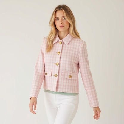 Damen Tweed-Blazer – Polokragen, Figurbetont, Vielseitig - Chicquemoda Rosa / S Chicquemoda Damenblazer Damen Tweed-Blazer – Polokragen, Figurbetont, Vielseitig