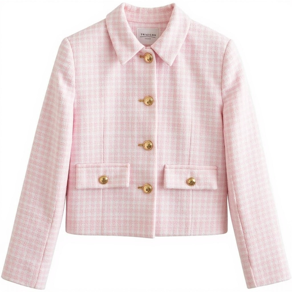 Damen Tweed-Blazer – Polokragen, Figurbetont, Vielseitig - Chicquemoda Rosa / S Chicquemoda Damenblazer Damen Tweed-Blazer – Polokragen, Figurbetont, Vielseitig