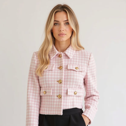 Damen Tweed-Blazer – Polokragen, Figurbetont, Vielseitig - Chicquemoda Rosa / S Chicquemoda Damenblazer Damen Tweed-Blazer – Polokragen, Figurbetont, Vielseitig