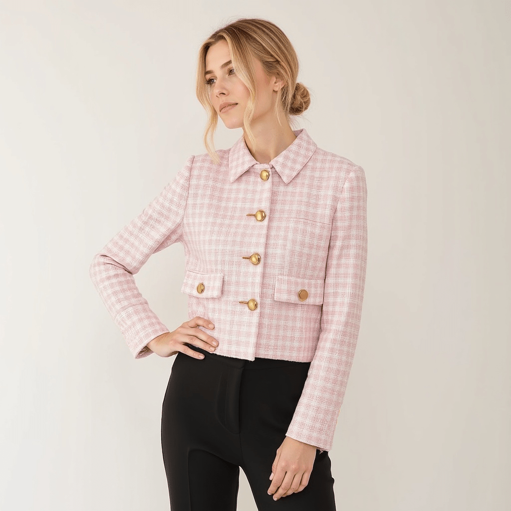 Damen Tweed-Blazer – Polokragen, Figurbetont, Vielseitig - Chicquemoda Rosa / S Chicquemoda Damenblazer Damen Tweed-Blazer – Polokragen, Figurbetont, Vielseitig