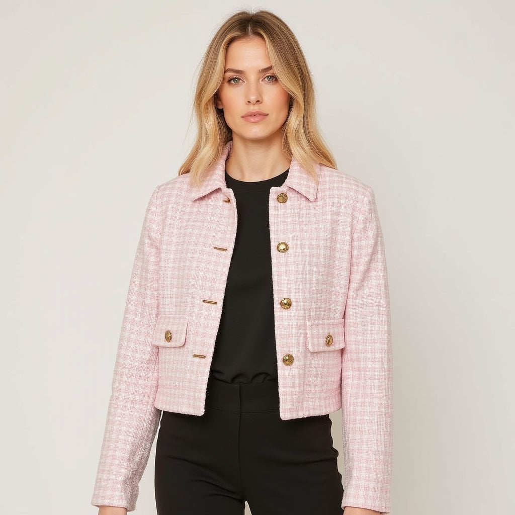Damen Tweed-Blazer – Polokragen, Figurbetont, Vielseitig - Chicquemoda Rosa / S Chicquemoda Damenblazer Damen Tweed-Blazer – Polokragen, Figurbetont, Vielseitig