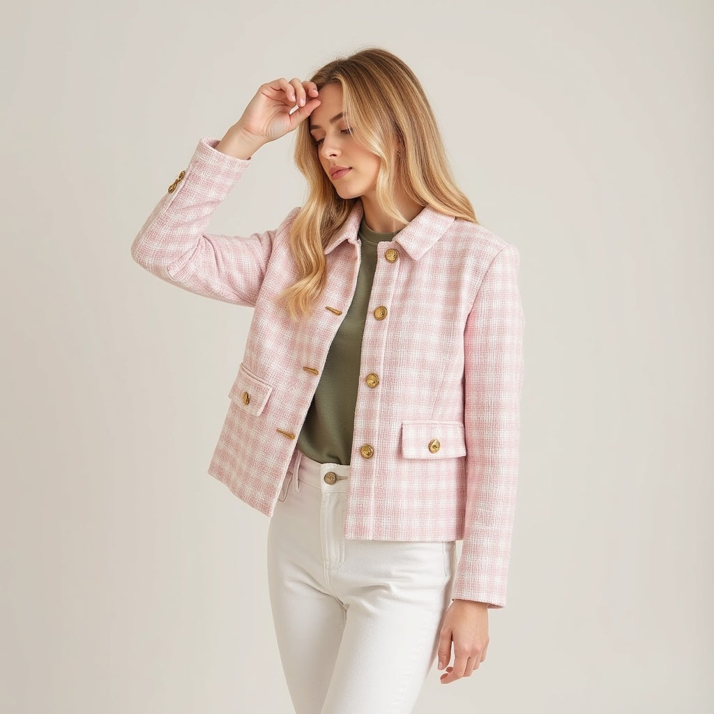 Damen Tweed-Blazer – Polokragen, Figurbetont, Vielseitig - Chicquemoda Rosa / S Chicquemoda Damenblazer Damen Tweed-Blazer – Polokragen, Figurbetont, Vielseitig