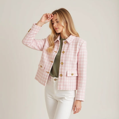 Damen Tweed-Blazer – Polokragen, Figurbetont, Vielseitig - Chicquemoda Rosa / S Chicquemoda Damenblazer Damen Tweed-Blazer – Polokragen, Figurbetont, Vielseitig