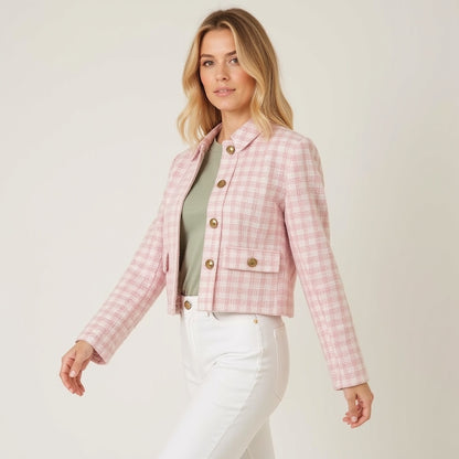 Damen Tweed-Blazer – Polokragen, Figurbetont, Vielseitig - Chicquemoda Rosa / S Chicquemoda Damenblazer Damen Tweed-Blazer – Polokragen, Figurbetont, Vielseitig