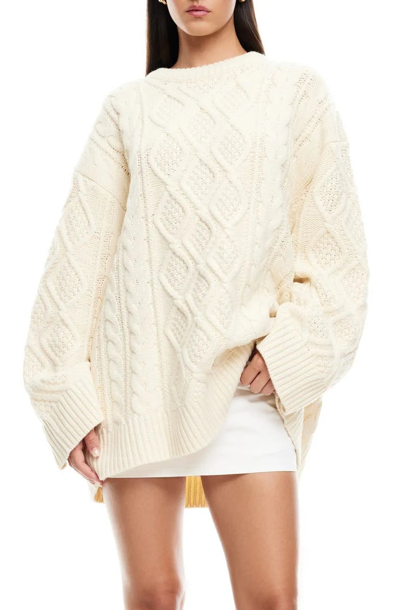 Beige Women’s Oversized Knitted Sweater| Cozy Cable Knit Top