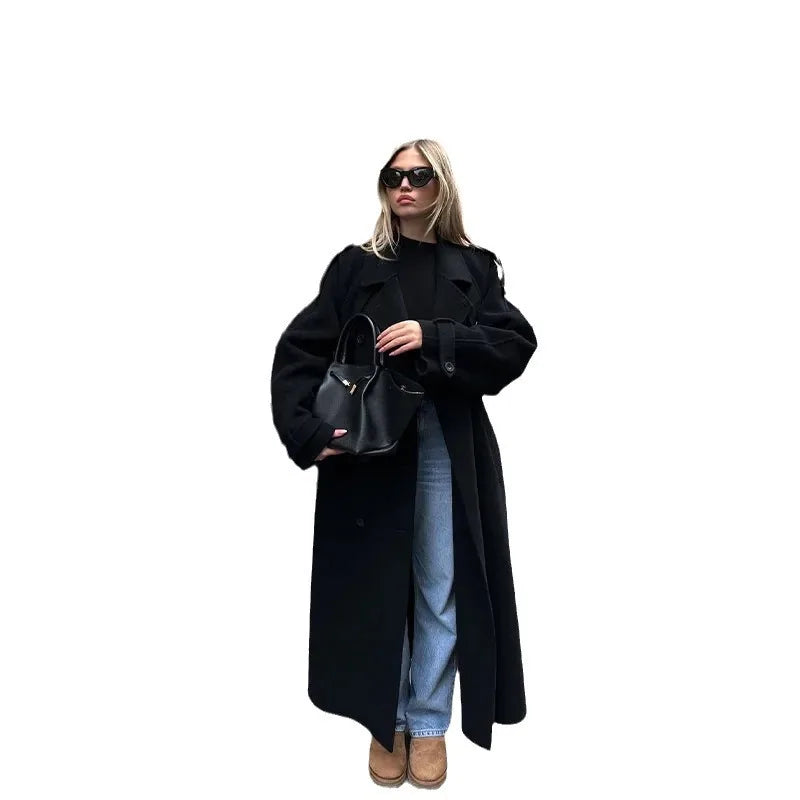 Women’s Classic Long Black Coat | High-End Autumn & Winter Outerwear