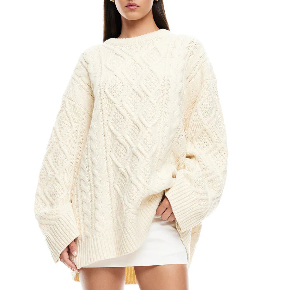 Beige Women’s Oversized Knitted Sweater| Cozy Cable Knit Top