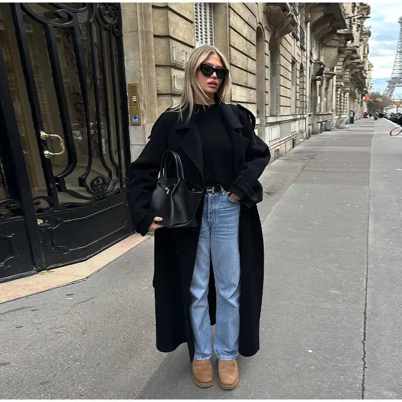 Women’s Classic Long Black Coat | High-End Autumn & Winter Outerwear