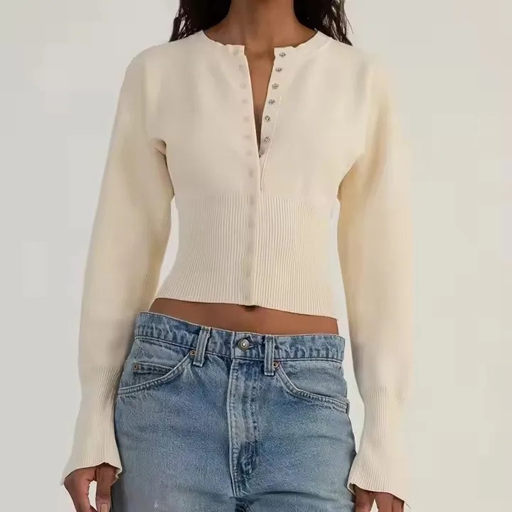 Women’s Trendy Streetwear Long-Sleeve Crop Top | Slim Fit Ribbed Knit Cardigan