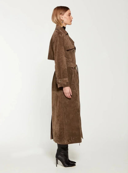 Elegant Long Suede Trench Coat for Women | Timeless Autumn & Winter Style
