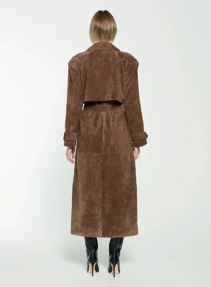 Elegant Long Suede Trench Coat for Women | Timeless Autumn & Winter Style