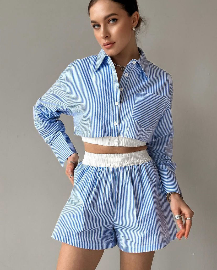 Women's Outfit Cotton Long Sleeve Shirt and Elastic Shorts Set 4