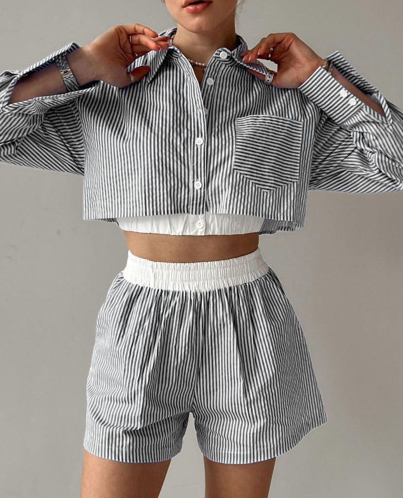 Women's Outfit Cotton Long Sleeve Shirt and Elastic Shorts Set 9