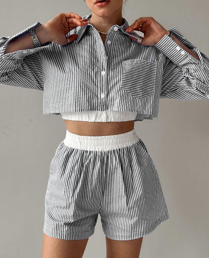 Women's Outfit Cotton Long Sleeve Shirt and Elastic Shorts Set 9