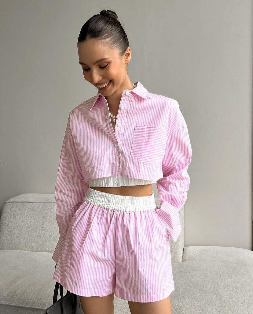 Women's Outfit Cotton Long Sleeve Shirt and Elastic Shorts Set 1