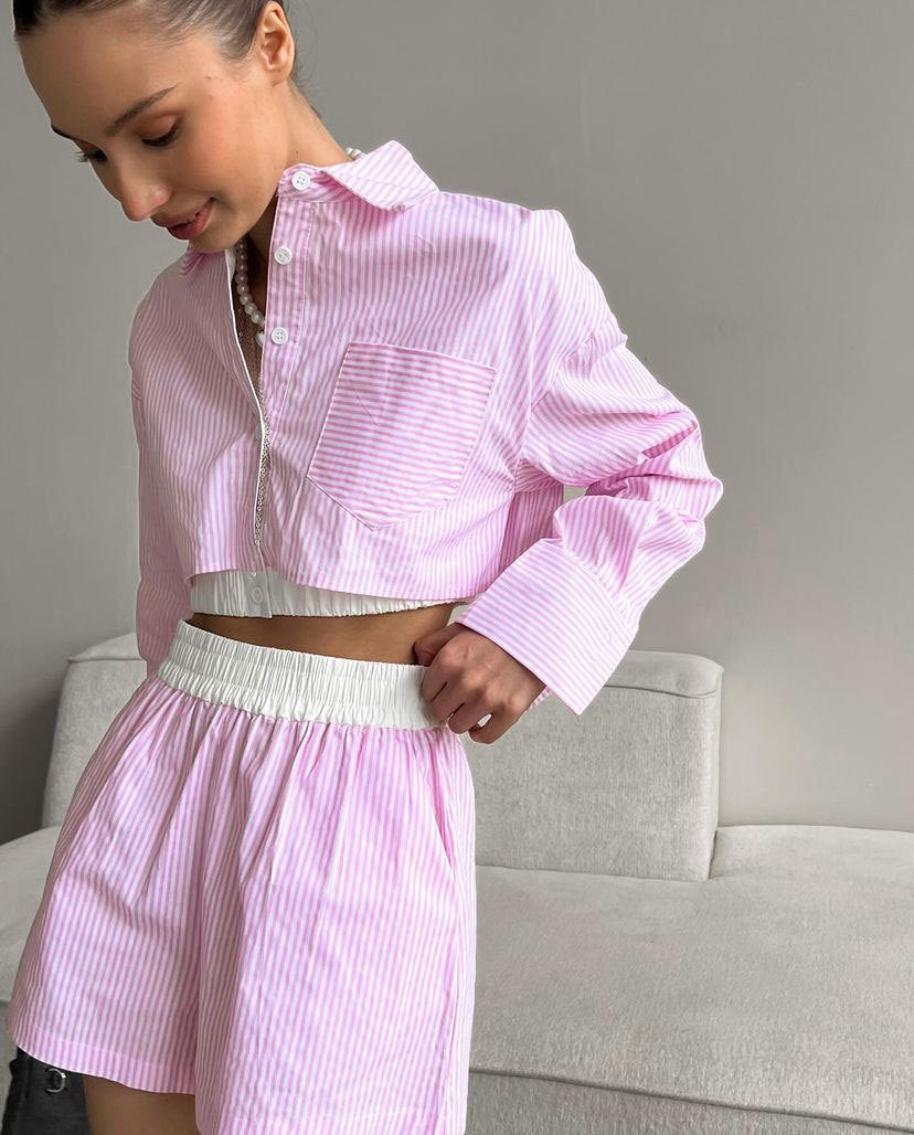 Women's Outfit Cotton Long Sleeve Shirt and Elastic Shorts Set 2