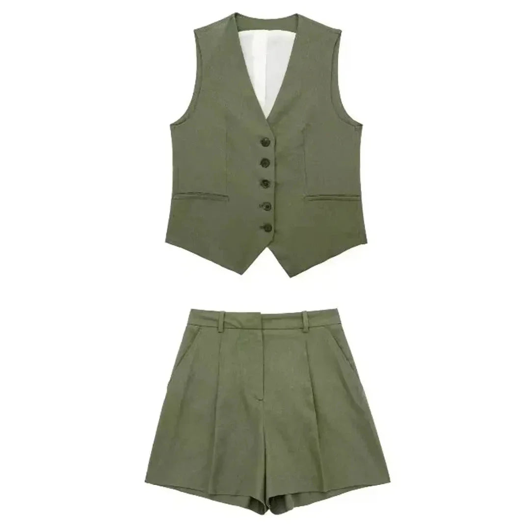 Women's Summer Set Polyester Blend Linen Look with Button Detail 13