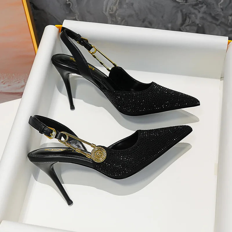 Women's Black Heels Synthetic with Rhinestones 4