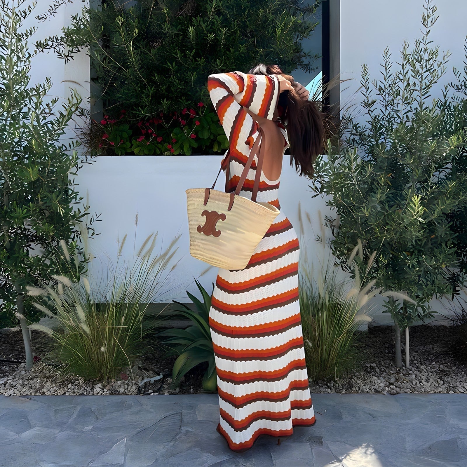 Women's Red Striped Maxi Dress Cotton Summer 2