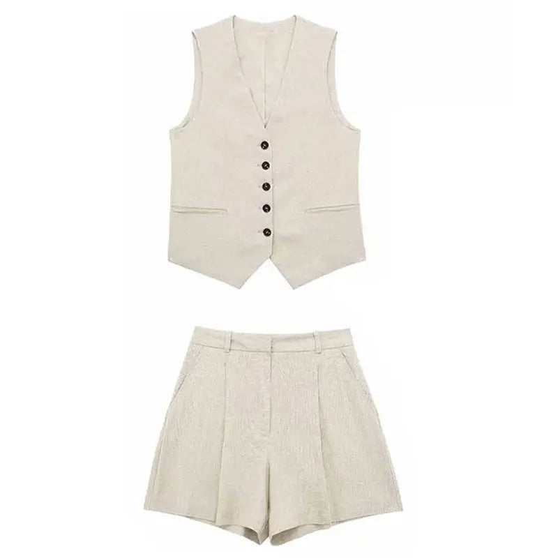 Women's Summer Set Polyester Blend Linen Look with Button Detail 10