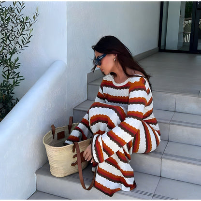 Women's Red Striped Maxi Dress Cotton Summer 3