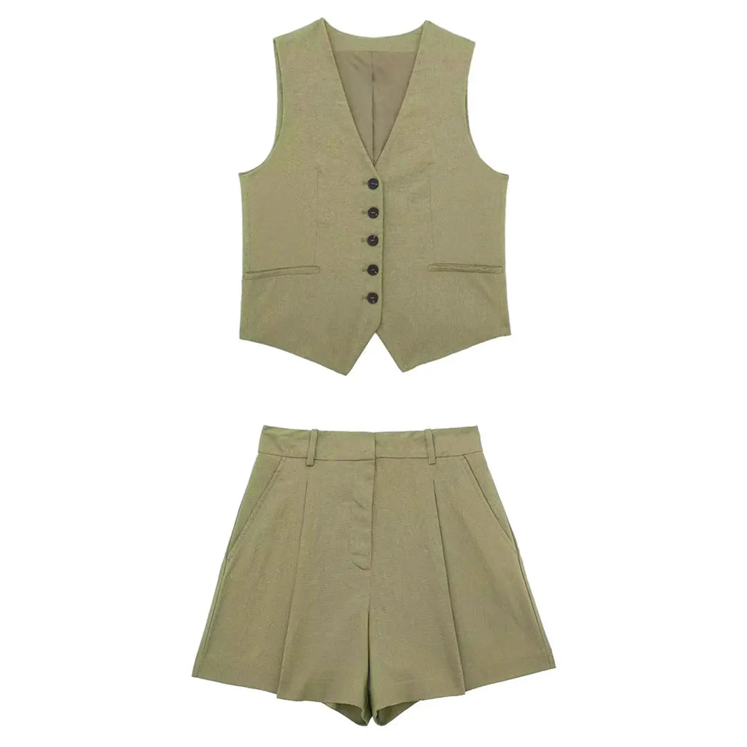 Women's Summer Set Polyester Blend Linen Look with Button Detail 14