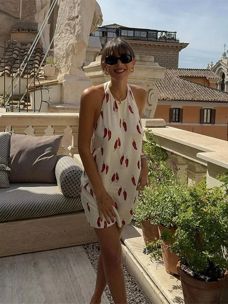 Women's Mini Dress Black Cotton Chili Print 2