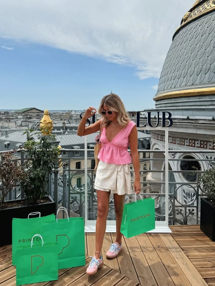 Women's Sleeveless V-Neck Bow Top Casual Summer Tank Top 1