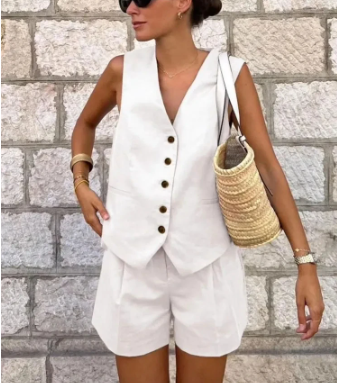 Women's Summer Set Polyester Blend Linen Look with Button Detail 8
