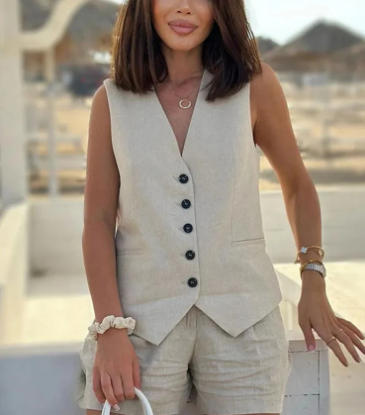 Women's Summer Set Polyester Blend Linen Look with Button Detail 7