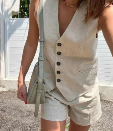 Women's Summer Set Polyester Blend Linen Look with Button Detail 6
