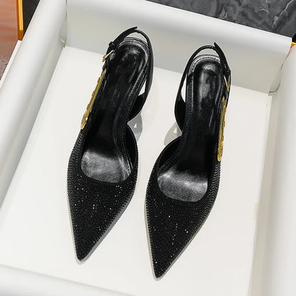 Women's Black Heels Synthetic with Rhinestones 2