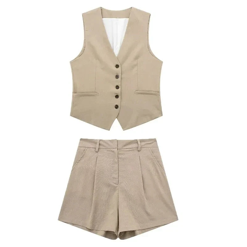 Women's Summer Set Polyester Blend Linen Look with Button Detail 11