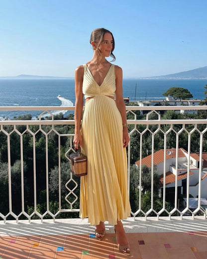 Women’s Maxi Dress – Elegant V-Neck Polyester Summer Style